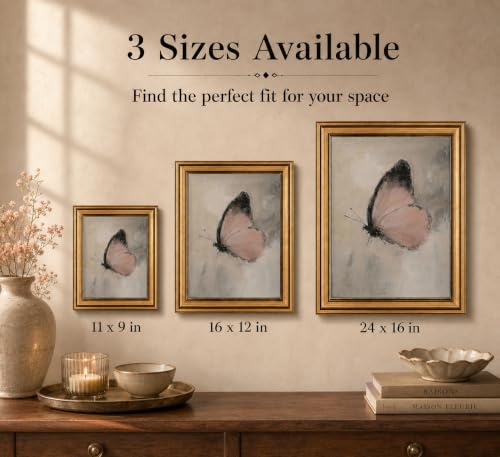Image of Gold Framed 3D Textured Wall Art, Vintage Pink Butterfly Canvas Prints, Moody Cottagecore Moth Pictures Decor, Boho Rustic Farmhouse Insect Artwork for Living Room Bedroom Bathroom 16x24inch
