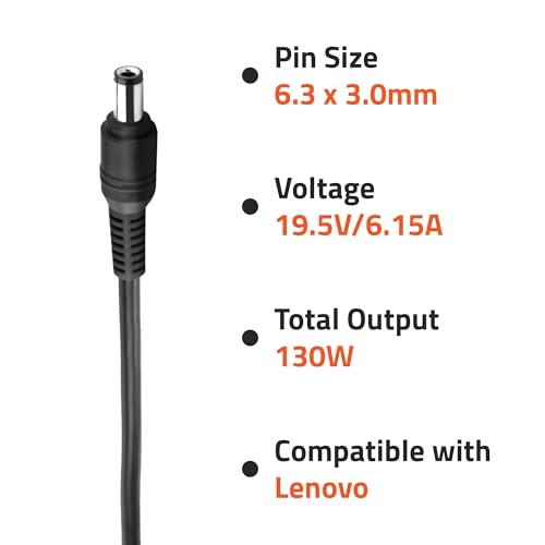 Image of AR1204 130 Watt Laptop Charger /Adapter with Power Cord Compatible with Lenovo Laptops (19.5V /6.15A, Pin: 6.3 x 3.0 mm)