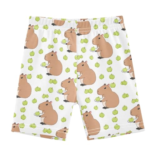 Capybara with Green Apple Girls Shorts Elastic Waist Sports Shorts Girls Leggings Pants for 4-10 Years
