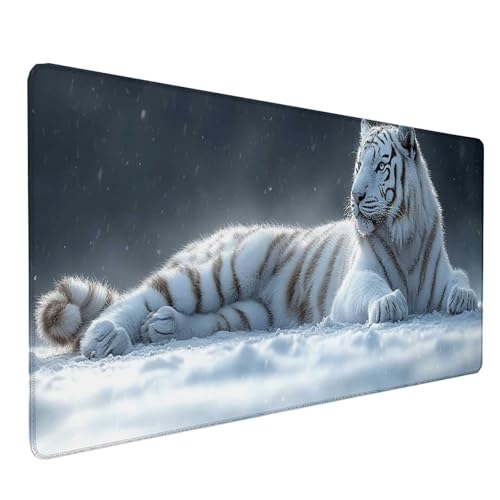 Tapis de souris XXL tigre blanc 80x30cm pour bureau et PC avec base caoutchouc