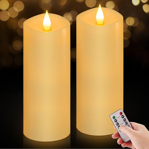 Image of Flameless LED Candles 3 inchx8 inch Set of 2, Battery Operated with Remote & Timer, 600-Hour on 2 AA Batteries, Flickering Realistic Flame, Ivory for Indoor /Outdoor