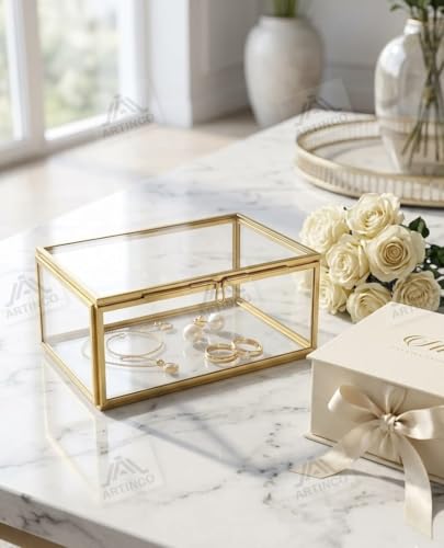 Image of Art India Collections Rectangular Glass Jewelry Box in Brass 5x3x2 Inches