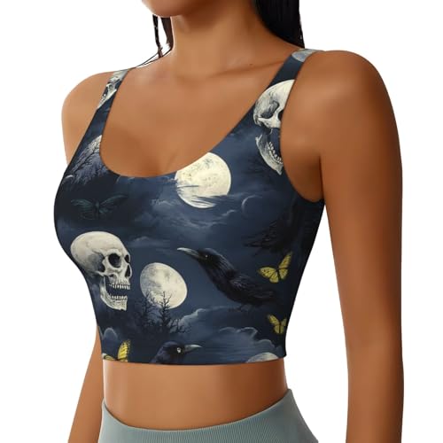 Cozy for Halloween Full Moon Raven Goth Skulls Yoga Bra for Women Girls, U-Shaped Back Tops with Pads Control Shapewear Outfit for Sports Fitness