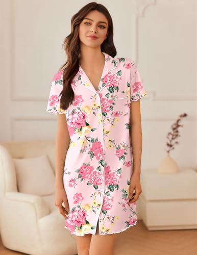 Image of Ekouaer Nightgowns for Women Button Down Sleep Shirt Short Sleeve Sleepwear