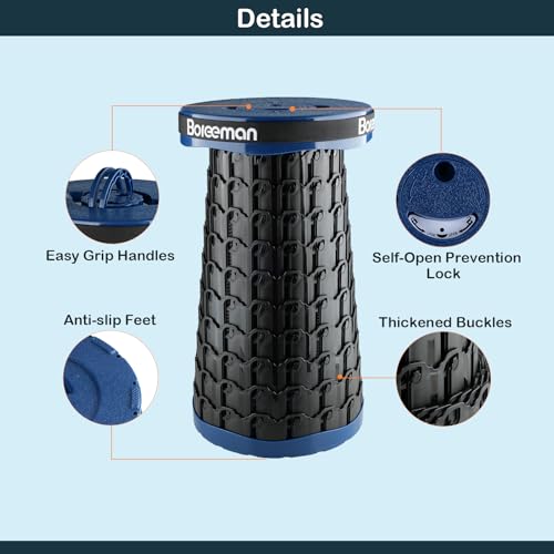 Image of Boreeman 2026 Upgraded Collapsible Stool Lightweight Yet Sturdy with Load Capacity 800lbs Portable Folding Stool for Camping Fishing Hiking BBQ (Navy)