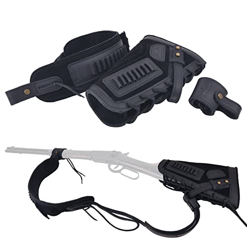 Leather Gun Buttstock Cheek Rest Pad with Matched Sling and Loops, No Drill/No Mounts Needed (Black (.22LR .22MAG .17HMR), Lefty Handed)