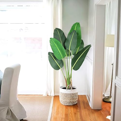 GarveeHome 48 inchs Artificial Tree Bird of Paradise Artificial Plant with 8 Trunks Fake Tree - 2PCS 4 Feet Faux Plants Fake Banana Tree Plant with Pot Artificial Trees for Home Decor Indoor Outdoor