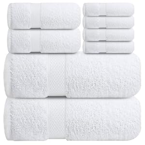 Infinitee Xclusives Premium Bath Towel Set 8-Piece (2 Bath Towels, 2 Hand Towels, 4 Washcloths), Super Absorbent Soft 100% Ring-Spun Cotton for Spa, Gym, Hotel & Bathroom (Brilliant White, Towel Set)