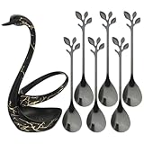 Veemoon Edelstahl Kaffeelöffelset mit Schwanenfußhalter 6 Schwarze Dessertlöffel und Kreativer...