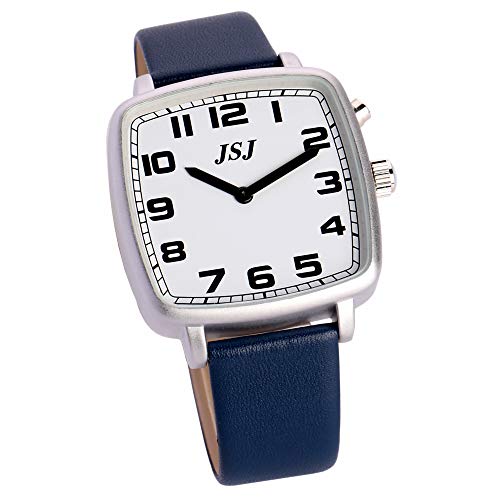VISIONU TESW-1705U - Reloj parlante cuadrado inglés con alarma, fecha y hora que hablan, esfera blanca, correa de cuero azul, Correa