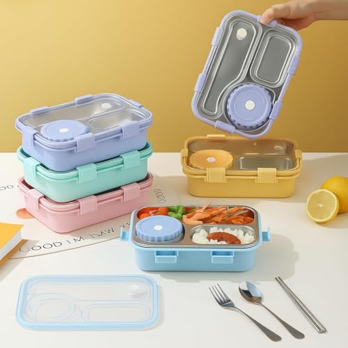 Image of Sanghariyat Lunch Box 3 Compartment Out Side-Leak-Proof BPA Free Stainless Steel, Lunch Box for Girls, Lunch Box for School with a Fork, a Spoon and a Pair of Chopsticks 750 ml (Purple)