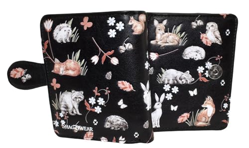 Shag Wear Woodland Forest Animal Friends Charming Small Wallet for Women and Teen Girls Vegan Faux Leather Black 4.5