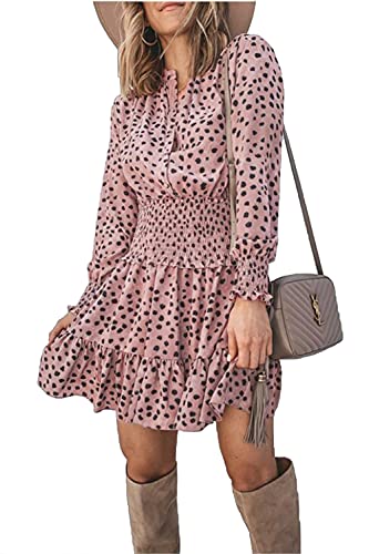 PRETTYGARDEN Casual Dresses for Women - Long Sleeve Button V Neck Chiffon Ruffle Mini Dress (Pink,Medium)