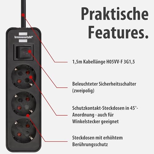 Brennenstuhl Ecolor Steckdosenleiste 3-Fach (Mehrfachsteckdose mit Schalter und 1,5m Kabel) schwarz