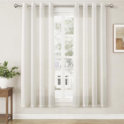 Image of Natural Cream Linen Curtains 63 Inch Length for Living Room Neutral Grommet Top Light Filtering Semi Sheer Curtain Textured Modern Farmhouse Rustic Short Window Drapes for Bedroom 52x63,2 Panels Set