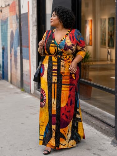 Image of SUZONANA Plus Size Maxi Dresses for Curcy Women Casual Loose 3 /4 Sleeve Long Dress with Belt