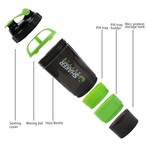 Image of Shaker Bottle,16oz Protein Shaker Bottles with Mixing Ball, 3 in 1 Leak-proof GYM Shake Cup with Powder Storage & Pill Tray, Ideal for Workout,BPA Free(Green)
