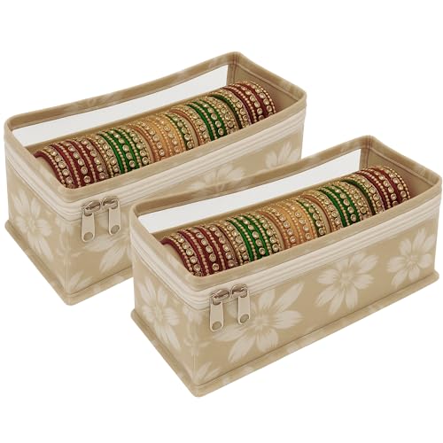 Image of PVC Single-Rod Floral Bangle Organizer Box for Women | Jewellery Bangle Storage Case for Chudi, Kada & Accessories, Bangle Holder Pouch | Beige | Pack of 2