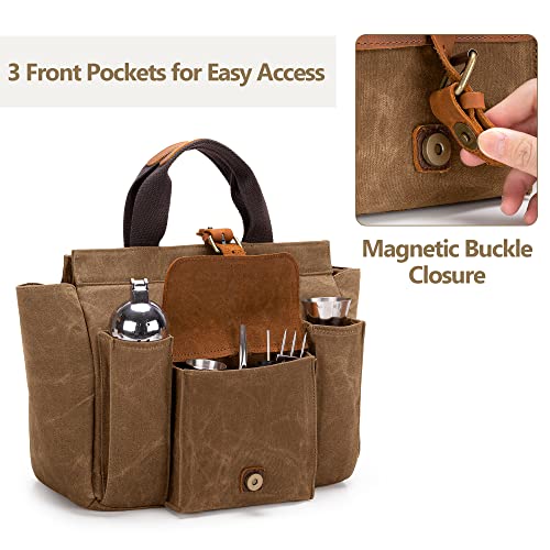 LoDrid Tote Bartender Bag, Genuine Leather Waxed Canvas Portable Carrying Cocktail Shaker Kit Bag with Handle for Travel Home Indoor Outdoor Party (Bag Only)(Patent Design)4