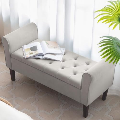 Image of Tufted Storage Ottoman Bench with Rolled Arms, Light Grey | Storage Ottoman bench
