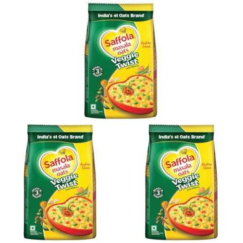 Image of Saffola Masala Oats | 1kg |Veggie Twist | Tasty, Anytime Snack | Ready in 3 mins | Millets Goodness- with Bajra & Jowar | No maida, No added preservatives | Oats helps manage weight (Pack of 3)