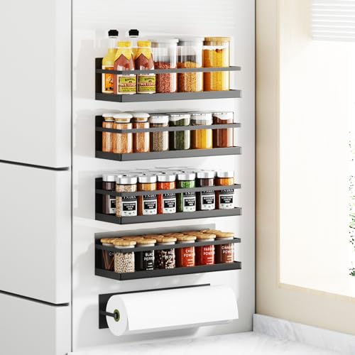Magnetic Spice Rack for Refrigerator Magnetic Fridge Shelf for Kitchen Spice Organizer Magnetic Shelf for Fridge Space Saving Black 4 Pack with Magnetic Paper Towel Holder - Image 4