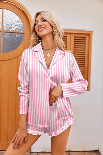 Image of Ekouaer Womens Satin Pajama Sets Long Sleeve Top and Shorts Lounge Set Button Down Sleepwear