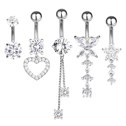 BraMccer 5 barras de ombligo, barras de ombligo plateadas de 14 G, anillos de ombligo de acero inoxidable, juegos de barras de ombligo colgantes, joyería corporal para mujer, 36mm*12mm, Acero