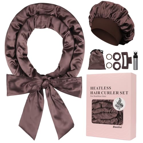 Baolivi Satin Bigoudis Bandeau Boucleur de Cheveux Boucle sans Chaleur Antidérapant, Doux Heatless Hair Curlers pour Dormir, 9 Pièces Kit de Boucles sans Chaleur pour Cheveux Moyens et Longs,Marron