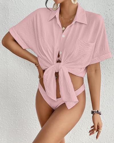 Image of Bsubseach Women Swimsuit Coverup Shirt Dress Button Down Bathing Suit Cover Up Beach Vacation Outfits
