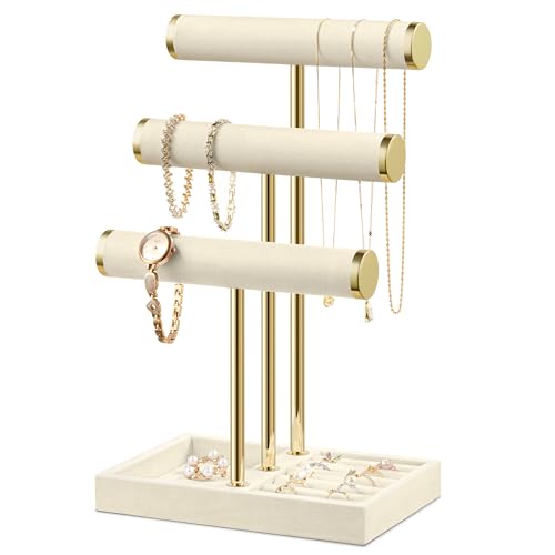 Josmimic Organizador de Joyas 3 Niveles - Expositor Beige para Pulseras, Expositor con Barra en T Extraíble, Soporte de Terciopelo para Pulseras, Collares, Relojes y Anillos Josmimic Organizador de Joyas 3 Niveles - Expositor Beige para Pulseras, Expositor con Barra en T Extraíble, Soporte de Terciopelo para Pulseras, Collares, Relojes y Anillos