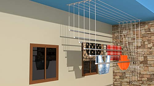 Image of Stainless Steel Heavy Duty Nylon Ropes Individual dropdown Ceiling (6 Pipe X 6 Feet) Cloth Dryer /Cloth Hanger /Cloth Drying Stand for Balcony /Clothes Stand for Drying