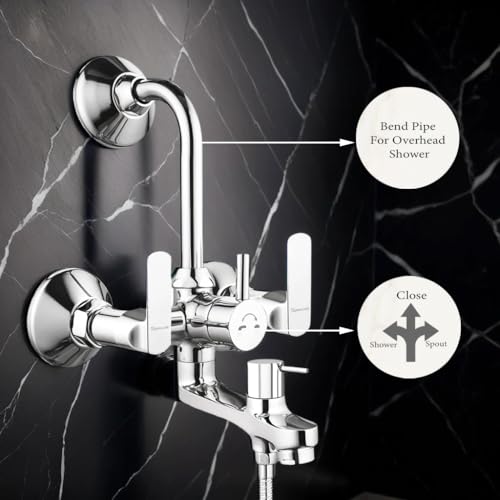 Image of Donald Series 3-in-1 Wall Mixer Set | Pure Brass Bathroom Mixer with 8x8 Inch Overhead Rain Shower, Multi-Flow Hand Shower & 1.5m Hose Pipe | Chrome Finish | Complete Shower System
