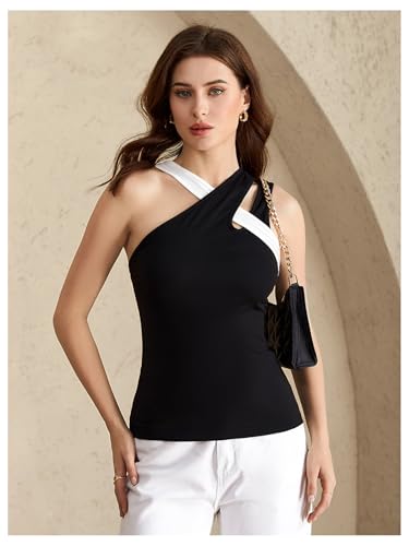 Women's Criss Cross Colorblock Tank Tops Asymmetrical Neck Sleeveless Cut Out Fitted Tops4