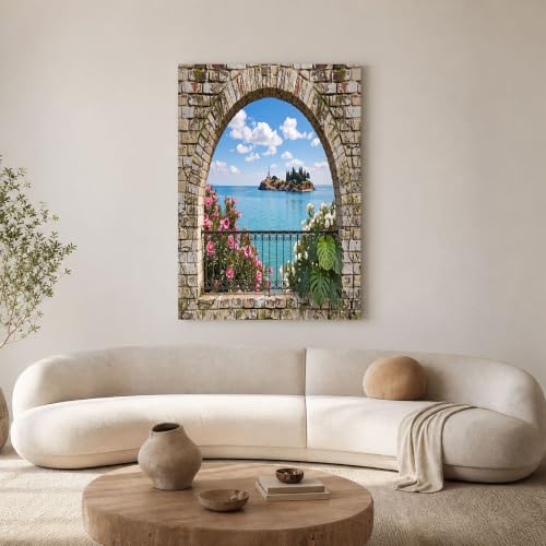 Salon peinture tableaux decoration paysage d'ile et fleurs pour une ambiance sereine