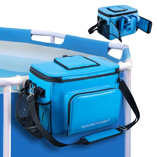 CHANGEMOORE Above Ground Pool Accessories Poolside Storage Basket with Cooler, Heavy Duty Hanging Pool Bag with Top Window, 28L Capacity Fits 30 Cans, Waterproof 500D PVC, Metal Buckles & 6cm Hooks