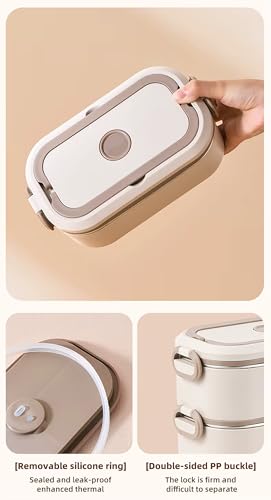 Image of House of Quirk 304 Stainless Steel Bento Lunch Box for Adults - 2 Stackable Leakproof Containers with Insulated Thermal Carry Case, Spoon & Fork Included, Microwave Safe Portable Tiffin Box (Beige)