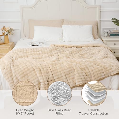Image of Cottonblue Weighted Blanket 15lbs Bubble Fleece Plush Sherpa Heavy Weighted Blankets for Adults, Fits Queen Size Bed, Cute Fuzzy Warm Heavy Blanket for Calm and Better Sleep, 60 inchx80 inch, Beige