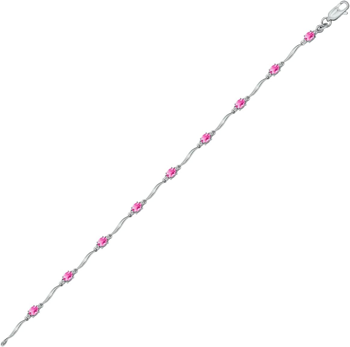 Pink Topaz and Diamond Wave Link Bracelet in .925 Sterling Silver