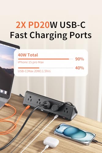 Image of 6.5 FT Desk Clamp Power Strip with 5 AC Outlets & 6 USB Ports PD 40W USB-C Fast Charging, Extension Cord with Multiple Outlets, Fits 2.1 in top Edge Black