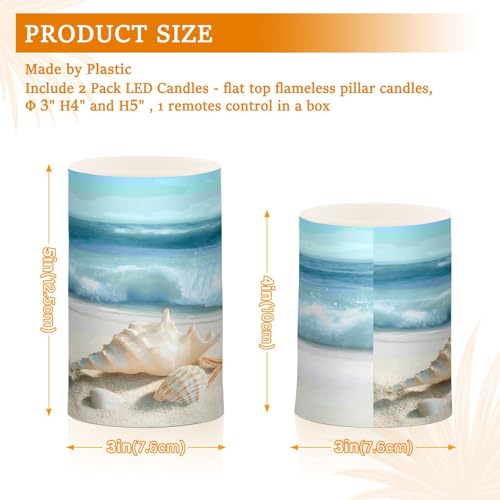 Image of Flickering Flameless Candles, Shells Summer Sandy Beach LED Candles with Remote Timer, Set of 2 Battery Operated Candle for Valentine Wedding Birthday