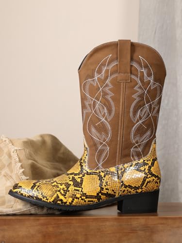Image of Python Manning Men's Boots Cowboy for Men Classic Pointed Toe Western Pull Up Snakeskin Embroidered Mid-Calf Boots