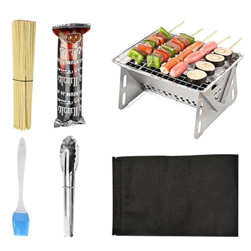 Barbecue pieghevole a carbonella, barbecue pieghevole, in acciaio inox, con griglia da tavolo compatta, pieghevole, kit di attrezzi per barbecue per all'aperto, campeggio, escursionismo