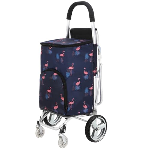 TASTOME 保冷保温機能付ショッピングカート 椅子付きカート 小型プルカート シートスツール付き ポケット付き 折りたたみ 軽量 静音 撥水 持ちやすい 高齢者 ポータブルトレーラー ショッピングキャリーカート 買い物カート らくらく 鳥柄