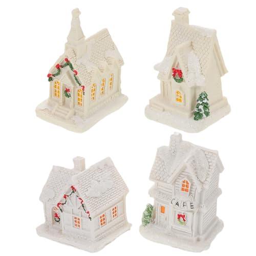 DEARMAMY 4個光るクリスマス小屋飾り 樹脂製ミニチュア住宅 冬のホリデー装飾 マイクロ風景用ミニハウス インテリア向けクリスマスハウスデ