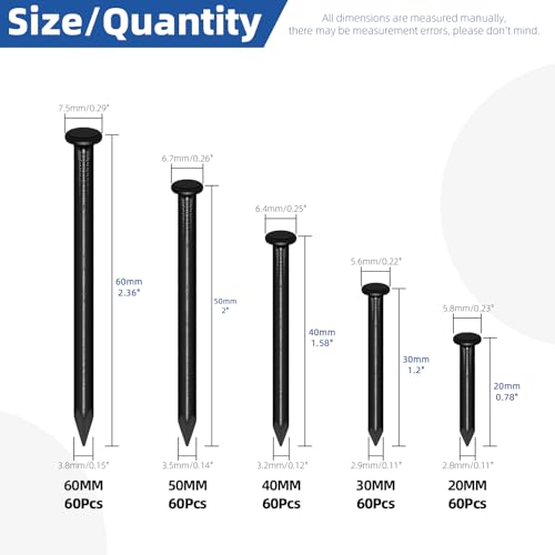 Glarks 300pcs 20/30/40/50/60mm Brick Steel Nails Kit, Black Carbon Steel Hardware Nails, Finishing Nails - Image 2