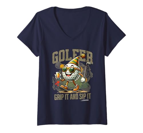 Mujer Divertida pelota de golf bebiendo, camiseta de fiesta de club de golf 19th Hole Fans Camiseta Cuello V