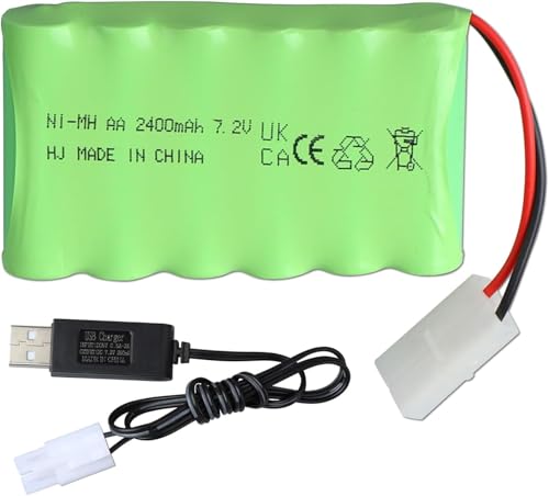 YUNIQUE GREEN-CLEAN-POWER - Batteria Ricaricabile 7.2V 2400mAh NiMH con Connettore Tamiya KET 2P e Cavo USB – Pacco a 6 Celle AA per Auto RC, Camion, Escavatori, Carri Armati, Cingolati e Giocattoli