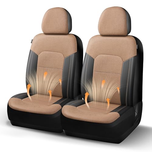 Image of HChengkikz Front Car Seat Covers, Air Mesh, Breathable (Black + Beige)