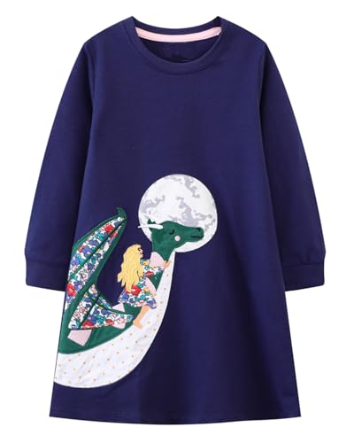 Image of Girls Cotton Long Sleeve Casual Cartoon Appliques Striped Jersey Dresses